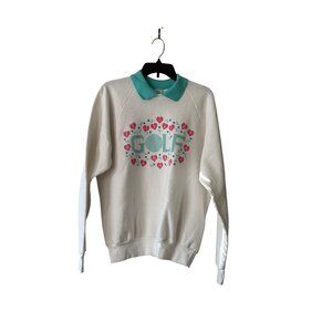 Vintage Cross Stitch Golf Print Sweatshirt With Collar XL White Teal Made In USA